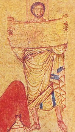 אדם קורא ממגילה. פרסקו בבית הכנסת בדורה אירופוס, סוריה, המאה השלישית לספירה. Gillman -Wikimedia