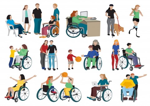 Image Description: several sketches of people with various capabilities - wheelchair users, a woman walking with a guide dog, people using walkers and canes. The people are engaged in various activities including playing basketball, working and socializing.